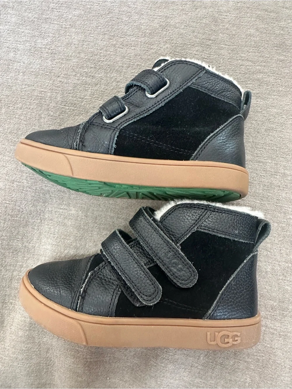 UGG Kids Black Faux-Shearling High-Top Boots with Tan Sole